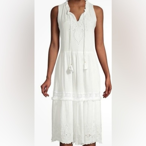 Johnny Was Jade Dress Midi White Embroidered Eyelet Boho Tiered Lined SZ L Cotta - Picture 8 of 15